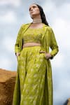 Mona and Vishu_Green Dupion Silk Embroidered Crystal Lapel Zari Work Trench Coat Wide Leg Pant _Online_at_Aza_Fashions