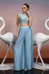 Buy_Mona and Vishu_Blue Dupion Silk Embroidered Crystal Round Daisy Crop Top And Pant Set _at_Aza_Fashions