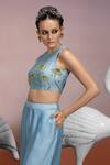 Shop_Mona and Vishu_Blue Dupion Silk Embroidered Crystal Round Daisy Crop Top And Pant Set _Online_at_Aza_Fashions