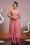 Buy_Mona and Vishu_Pink Crop Top And Skirt Dupion Silk Embroidered Bead Jacket Draped Set _at_Aza_Fashions