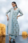 Buy_Mona and Vishu_Blue Kurta And Pant Dupion Silk Embroidered Bead V Neck Candy Flower Set _at_Aza_Fashions