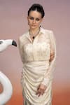 Shop_Mona and Vishu_Ivory Shirt Soft Organza Bustier And Pencil Skirt Tussar Satin Embroidery Set _Online_at_Aza_Fashions