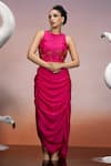 Buy_Mona and Vishu_Pink Crop Top And Pencil Skirt Dupion Silk Embroidery Crystal Daisy Halter With _at_Aza_Fashions