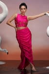 Mona and Vishu_Pink Crop Top And Pencil Skirt Dupion Silk Embroidery Crystal Daisy Halter With _Online_at_Aza_Fashions