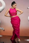 Buy_Mona and Vishu_Pink Crop Top And Pencil Skirt Dupion Silk Embroidery Crystal Daisy Halter With _Online_at_Aza_Fashions