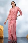 Buy_Mona and Vishu_Pink Tunic Kurta And Pencil Skirt Dupion Silk Embroidery Crystal With Draped _at_Aza_Fashions