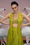 Mona and Vishu_Green Bralette And Draped Skirt Dupion Silk Jacket Soft Organza Embroidery Set _Online_at_Aza_Fashions