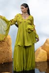 Buy_Mona and Vishu_Green Georgette Embroidery Crystal Petunia V Peplum Kurta Sharara Set _at_Aza_Fashions