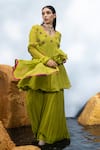 Shop_Mona and Vishu_Green Georgette Embroidery Crystal Petunia V Peplum Kurta Sharara Set _at_Aza_Fashions