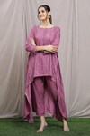 Buy_Khwaab by Sanjana Lakhani_Pink Kurta Muslin Embroidered Mirrorwork Round High-low Pant Set_Online_at_Aza_Fashions