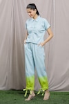 Naintara Bajaj_Blue Soft Denim Plain Spread Collar Solid Shirt And Ombre Pant Set_Online_at_Aza_Fashions