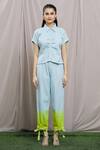 Naintara Bajaj_Blue Soft Denim Plain Spread Collar Solid Shirt And Ombre Pant Set_at_Aza_Fashions