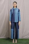 Samyukta Singhania_Blue Soft Denim Plain Spread Collar Colorblock Shirt And Pant Set _Online_at_Aza_Fashions