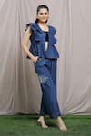 Buy_Naintara Bajaj_Blue Soft Denim Embroidery Floral Leaf Neck Butterfly Ruffle Top And Pant Set_Online_at_Aza_Fashions