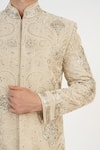 Shop_Sankalan - Men_Beige Lurex Hand Embroidered Jaal Sherwani Churidar Set  _Online_at_Aza_Fashions