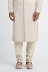 Sankalan - Men_Ivory Dupion Silk Hand Embroidered French Knots Sherwani Churidar Set  _Online_at_Aza_Fashions