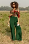 Buy_LABEL SHRISTI CHETANI_Multi Color Crepe Printed Geometric Boat Neck Scout Crop Top And Pant Set _at_Aza_Fashions