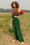 Buy_LABEL SHRISTI CHETANI_Multi Color Crepe Printed Geometric Boat Neck Scout Crop Top And Pant Set _Online_at_Aza_Fashions