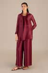 Buy_AMPM_Maroon Linen Slub Solid Collar Hyra Plain Shirt Palazzo Set_at_Aza_Fashions