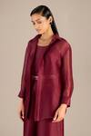 Shop_AMPM_Maroon Linen Slub Solid Collar Hyra Plain Shirt Palazzo Set_at_Aza_Fashions