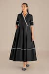 Buy_AMPM_Black Chanderi Chalk Lines V Wafa Pattern Midi Wrap Dress _at_Aza_Fashions