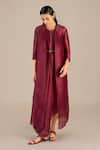 Buy_AMPM_Maroon Linen Silk Slub Embellished V Dania Cowl Draped Dress Set _at_Aza_Fashions