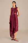 Buy_AMPM_Maroon Linen Silk Slub Embellished V Dania Cowl Draped Dress Set _Online_at_Aza_Fashions