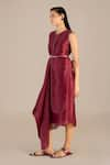 Shop_AMPM_Maroon Linen Silk Slub Embellished V Dania Cowl Draped Dress Set _Online_at_Aza_Fashions