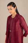 Shop_AMPM_Maroon Linen Silk Slub Embellished V Dania Cowl Draped Dress Set _at_Aza_Fashions