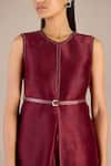 Buy_AMPM_Maroon Linen Silk Slub Embellished V Dania Cowl Draped Dress Set 