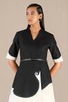AMPM_Black Pure Linen Wave Color Safa Swerve Colorblocked Jacket Skirt Set _Online_at_Aza_Fashions