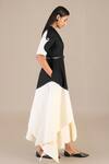 Buy_AMPM_Black Pure Linen Wave Color Safa Swerve Colorblocked Jacket Skirt Set 