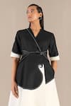 Shop_AMPM_Black Pure Linen Splurge Color Safa Colorblocked Jacket Skirt Set _at_Aza_Fashions