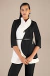 Shop_AMPM_Black Chanderi Print Swirl V Jacket Pant Set _at_Aza_Fashions
