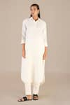 Buy_AMPM_Ivory Pure Linen Embroidery Cord Spread Collar Work Kurta And Pant Set _at_Aza_Fashions