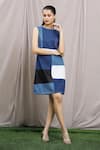 Buy_Naintara Bajaj_Blue Soft Denim Embroidery Stitchline Thread Round Sundae Colorblock Dress_Online_at_Aza_Fashions