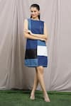 Shop_Naintara Bajaj_Blue Soft Denim Embroidery Stitchline Thread Round Sundae Colorblock Dress_Online_at_Aza_Fashions