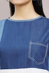 Naintara Bajaj_Blue Soft Denim Embroidery Stitchline Thread Round Sundae Colorblock Dress_at_Aza_Fashions
