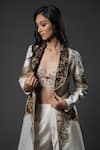 Shop_Rohit Bal_Ivory Chanderi Silk Embroidered Resham Jacket Shawl Collar Work Pant Set _Online_at_Aza_Fashions