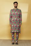 MR. Ajay Kumar_Green Linen Printed Floral Kurta And Pant Set  _Online_at_Aza_Fashions