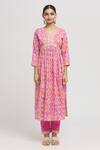 Naintara Bajaj Pink Cotton Embroidery, Mirrors V-neck Florid Print Aliya Cut Kurta Pant Set Online at Aza Fashions Naintara Bajaj_Pink Cotton Embroidery, Mirrors V-neck Florid Print Aliya Cut Kurta Pant Set _Online_at_Aza_Fashions