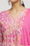 Shop Naintara Bajaj Pink Cotton Embroidery, Mirrors V-neck Florid Print Aliya Cut Kurta Pant Set Online at Aza Fashions Shop_Naintara Bajaj_Pink Cotton Embroidery, Mirrors V-neck Florid Print Aliya Cut Kurta Pant Set _Online_at_Aza_Fashions
