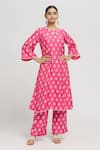 Buy_Samyukta Singhania_Pink Cotton Print Damask Round Panelled Kurta With Palazzo _at_Aza_Fashions