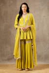 Buy_BBAAWRI_Yellow Banarasi Chanderi Woven Tear Drop V Peplum Kurta Sharara Set _at_Aza_Fashions