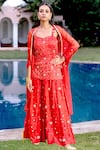 Buy_BBAAWRI_Red Pure Dupion Silk Embroidery Bead Floral Kurta Flared Pant Set _at_Aza_Fashions