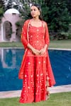 Shop_BBAAWRI_Red Pure Dupion Silk Embroidery Bead Floral Kurta Flared Pant Set _at_Aza_Fashions