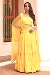 Buy_BBAAWRI_Yellow Pure Georgette Embroidery Mirror Round Layered Ruffle Pleated Lehenga Set _at_Aza_Fashions