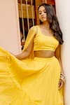 BBAAWRI_Yellow Pure Georgette Embroidery Mirror Round Layered Ruffle Pleated Lehenga Set _Online_at_Aza_Fashions