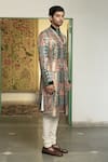 Buy_Gargee Designers_Emerald Green Poly Silk Panna Gulfam Mosaic Pattern Sherwani Churidar Set _at_Aza_Fashions