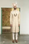 Buy_Gargee Designers_Beige Raw Silk Embroidered Thread Badami Kundan Kashmiri Sherwani Churidar Set _at_Aza_Fashions